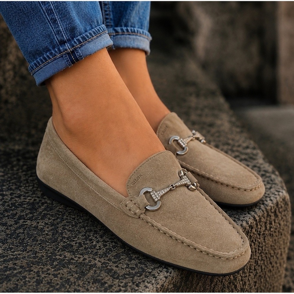 Y2K Geox Respira Taupe Suede Driving Loafers Horsebit Comfort Womens Shoes 8.5